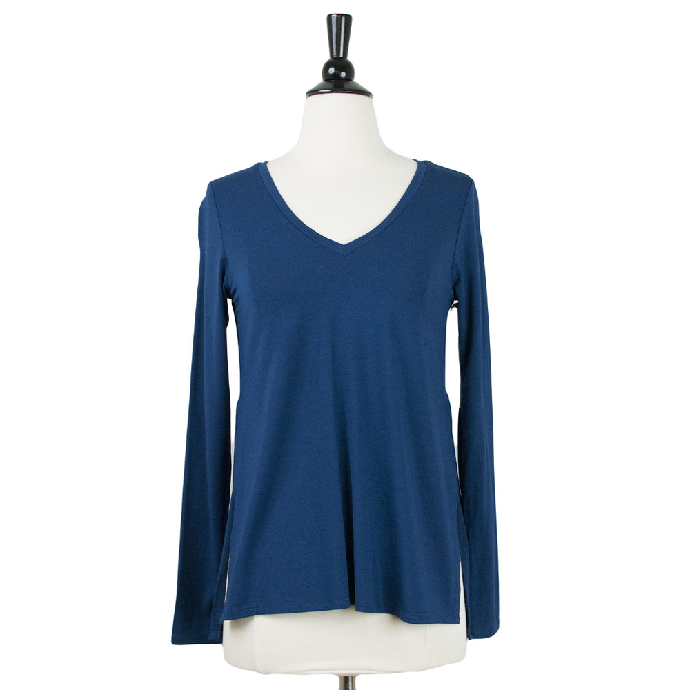 DEX | Blue Modal Knit Side Slit V-Neck Long Sleeve Top, NWT